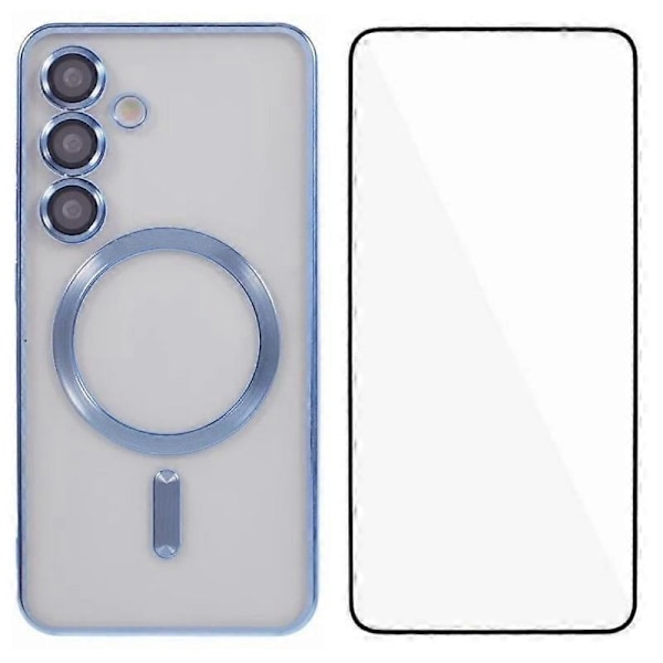 För Samsung Galaxy S24+ Magnetiskt Skal WANLONFENG Fullständigt Skydd Elektropläterat TPU-skydd med Härdat Glas Multicolor Blue