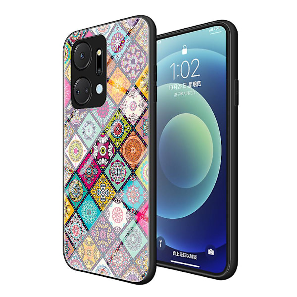 Kukkakuvioinen puhelinkotelo Honor X7a 5g:lle, jalustallinen PC+TPU+karkaistu lasi -puhelinkuori kaulanauhalla Checkered Pattern