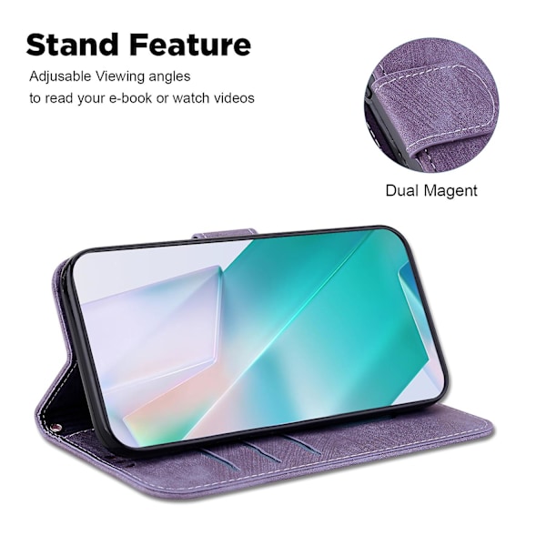 Imprint Telefoncover til iPhone 14 Læder Wallet Stand Anti-drop Cover Purple