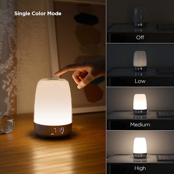Sunrise Wake Up Alarm Clock Night Light, Alarm & Snooze, 5-färgs nattljus, automatisk färgändring, nattljustimer white