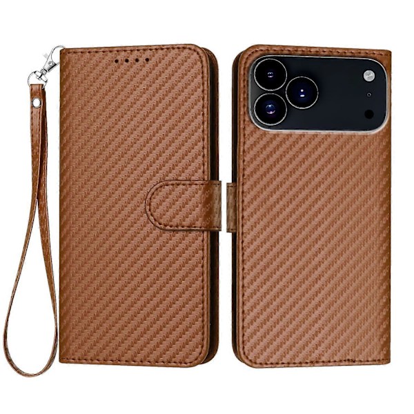 Plånboksfodral för iPhone 17 Pro Max med rem, kolfibertextur läder mobilskal Multicolor Coffee