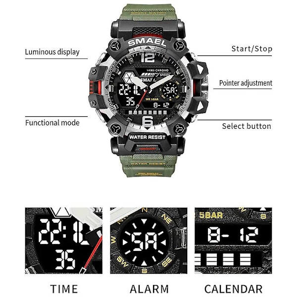 Smael Herrklockor 50m Vattentät Watch Military Man Watch Digital 8072 Dual Display Watch Quartz Led Digital ARMYGREEN
