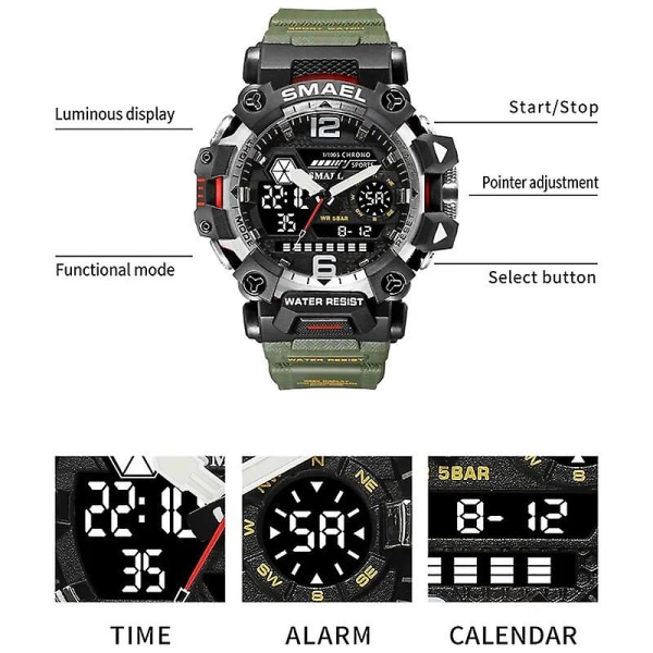 Smael Herrklockor 50m Vattentät Watch Military Man Watch Digital 8072 Dual Display Watch Quartz Led Digital BLACKWHITE