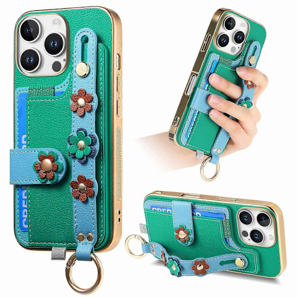 W2 Etui til iPhone 16 Pro Max med kortholder, læderbagside, 3D blomsterarmbånd - Multicolor Green