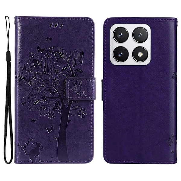 KT Imprinting Flower Series-3 Fodral för Xiaomi 14T Pro Katt Träd Mönster Flip Läder Telefonskydd Multicolor Style I