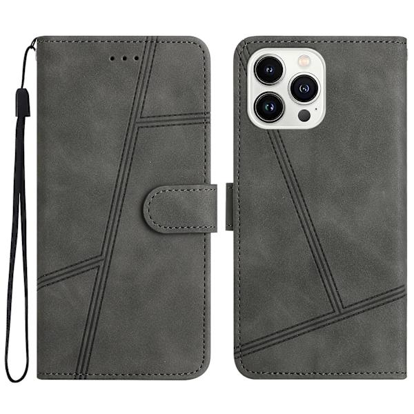 Retro PU læder wallet cover til Iphone 15 Pro - Hudvenlige linjer præget telefoncover med stativ Grey