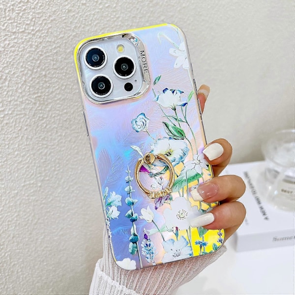 Blommig Lasertextur Skal för iPhone 15 Pro Max med Ringstativ Multicolor Style I