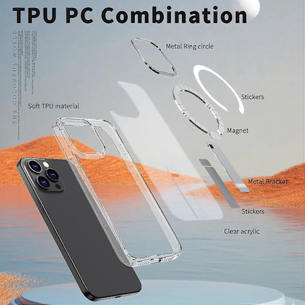 iPhone 15 Pro Max -kotelo, yhteensopiva MagSafe-jalustan kanssa, TPU + akryylipuhelinkuori Multicolor Transparent