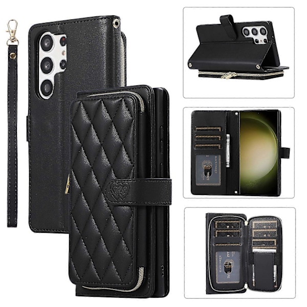 Til Samsung Galaxy S23 Ultra Cover med Håndrem Rhombus Lynlås Læder Telefon Cover Multicolor Style A