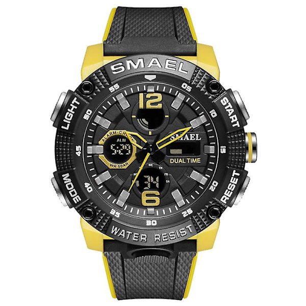 Smael Dual Time Led Display Digital watch För män Vattentät Simning Quartz Sportklockor Auto Date Alarm Clock Armbandsur 8039 Yellow