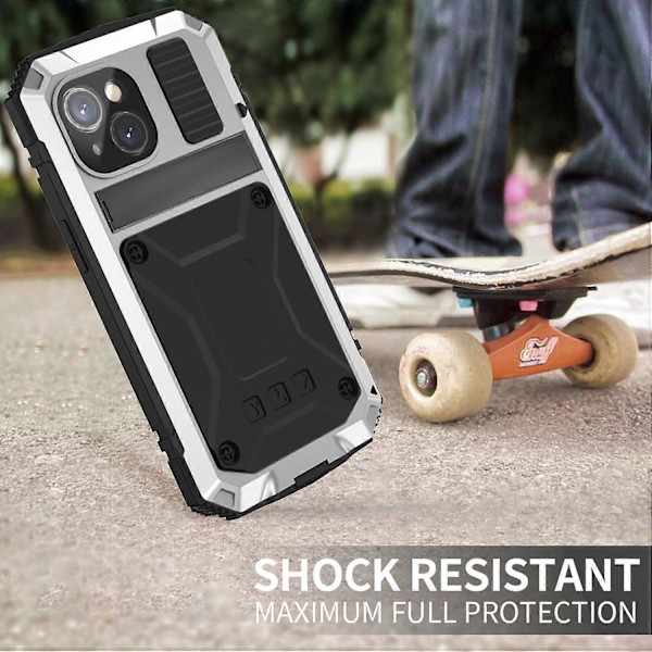 R-JUST Til iPhone 15 Plus PC+Silikone+Metal Telefon Cover Stativ med Hærdet Glas Film Multicolor Style D