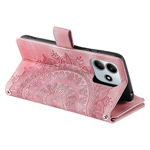 Style 006 til Xiaomi Redmi Note 14 5G Wallet Case PU Læder Telefon Cover Mandala Blomster Mønster - Grå Multicolor Rose Gold