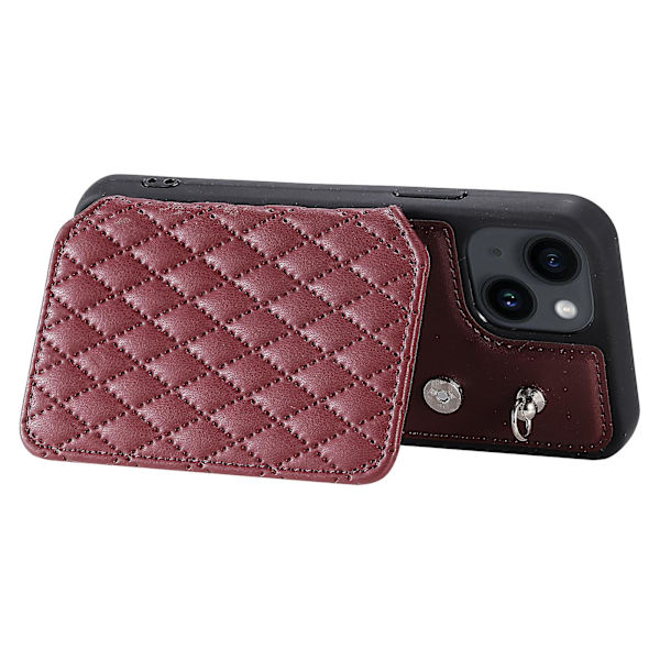 För Iphone 15 Plus Rfid Blockering Stötsäkert case Anti-drop Pu+tpu telefonskal med remmar Wine Red