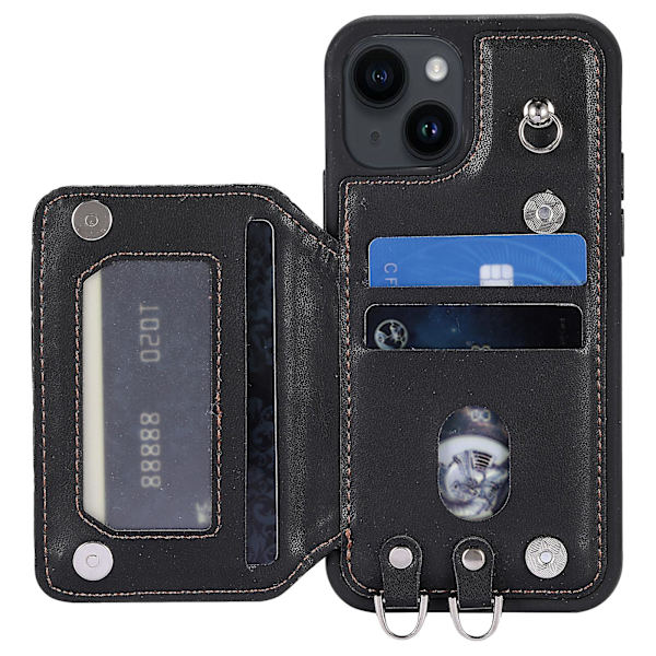 För Iphone 15 Plus Rfid Blockering Stötsäkert case Anti-drop Pu+tpu telefonskal med remmar Black