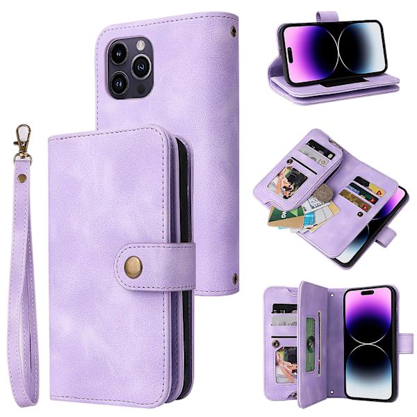 För Iphone 14 Pro Max Anti-dropp phone case Stativ Blixtlåsficka Läder Cover med remmar Purple