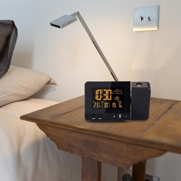 Väckarklocka LCD-skärm Väderstation 8 färgskärm LED Digital projektion Snooze Alarm för hemmet Black EU Plug