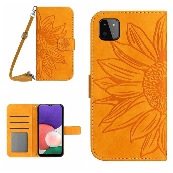 Til Samsung Galaxy A22 5g (EU Version) Ht04 Præget Solsikke Pu Læder Smartphone Cover Stativ Stødsikker Hud-venlig Telefon Wallet Etui Med Skulderrem Yellow