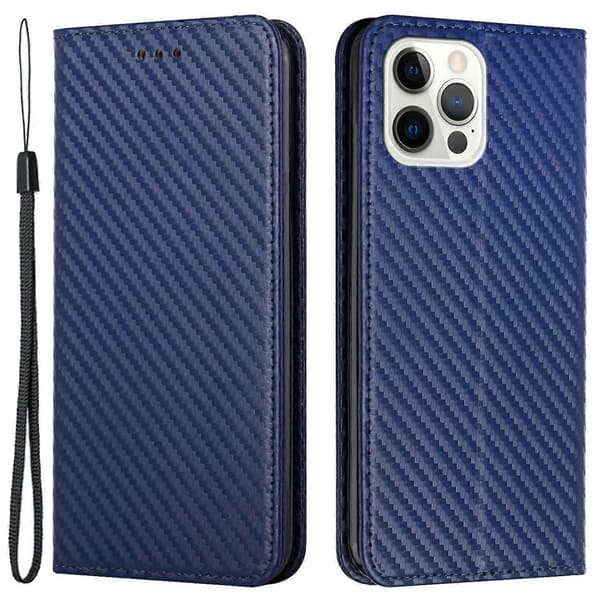 För iPhone 15 Pro Max Kolfibertextur PU Läder+TPU Plånboksfodral Vikbart Ställ Telefonskal Multicolor Style B