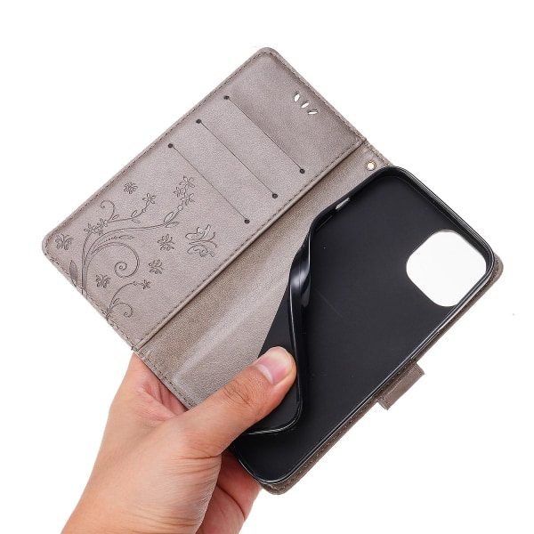 För Iphone 15 Plus Pu Läder Cover Phone case Imprinted Butterflies Shell Stand with rem Grey