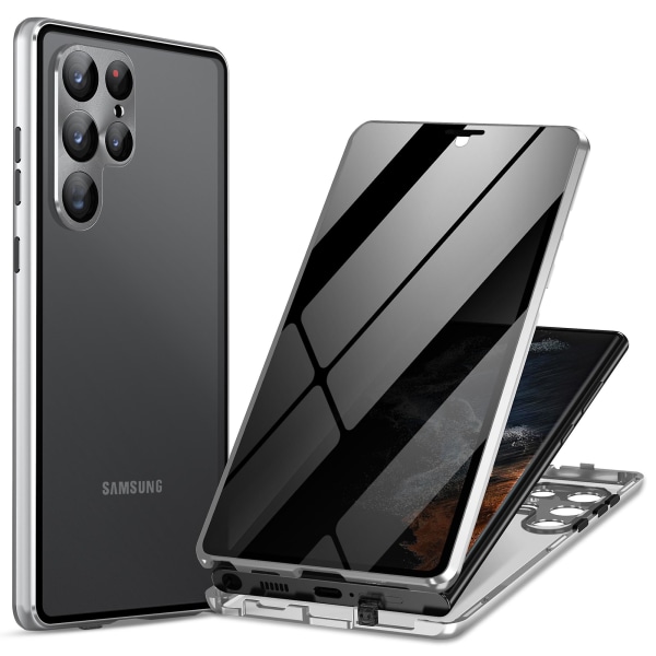 Samsung Galaxy S24 Ultra -kotelo, vakoilunestolla, kaksipuolinen karkaistu lasi, magneettinen puhelinkotelo Silver
