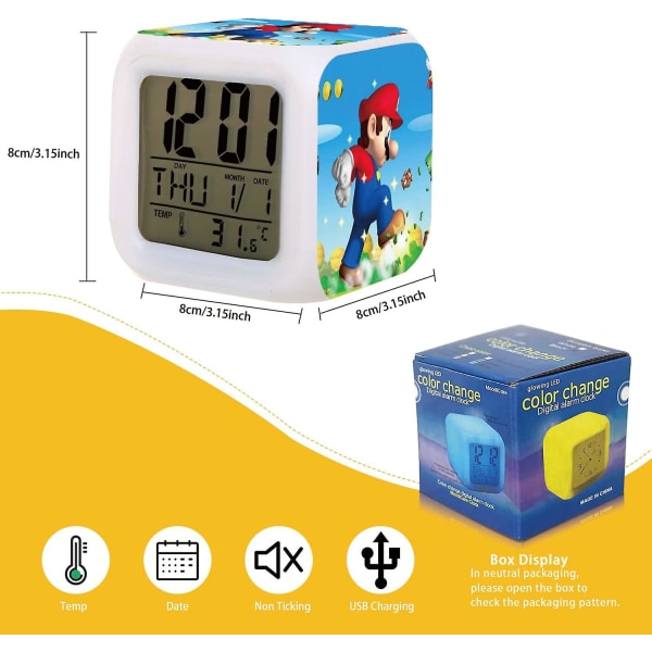 Mario 7 Colors ändrar digital väckarklocka med tid, temperatur, alarm, datum (kartlopp) Find the Golden Egg