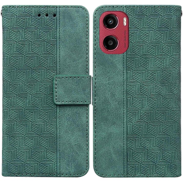 Til Motorola Moto G05 4G/E15 4G Etui Geometrisk Mønster Læder Wallet Telefon Cover med Håndledsrem Multicolor Green