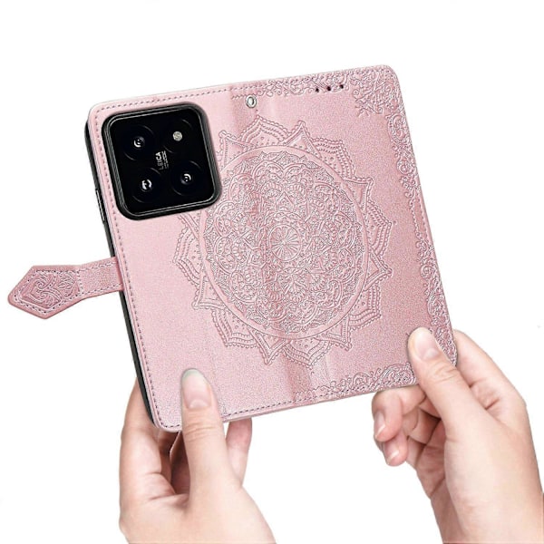 Til Xiaomi 14T Pro Etui Mandala Præget Design Læder Wallet Telefon Cover - Grå Multicolor Rose Gold