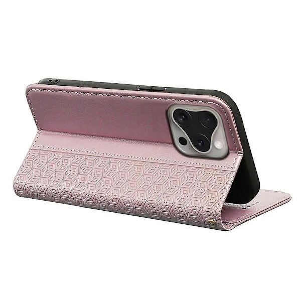 Plånboksfodral för iPhone 16 Pro Stark Magnetisk Rutmönstrad Präglad Läder Flip Cover Multicolor Rose Gold