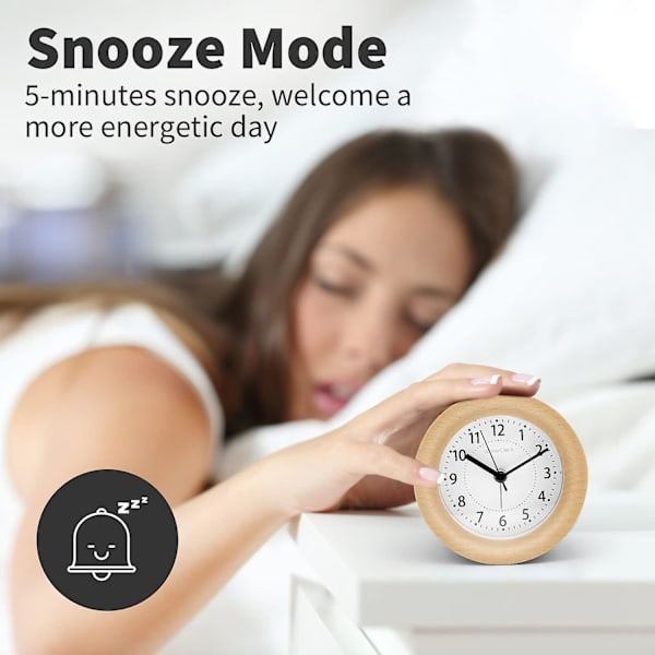 Morgonväckarklocka med snoozeläge Ovanför klockan Nanoväckarklocka Trä Tic-tac-fri analog klassisk nålväckarklocka Nattljus Batteridriven