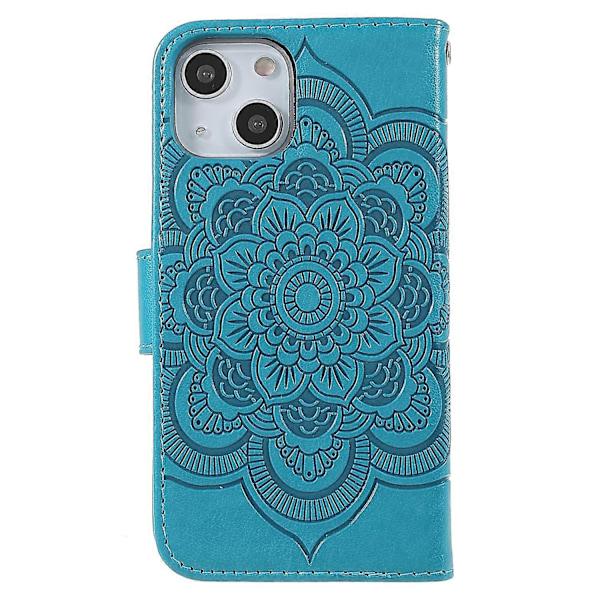Präglad Mandala Blomma PU Läder Telefonställ Skydd Plånboksfodral med Rem för iPhone 13 6.1 tum Multicolor Style G