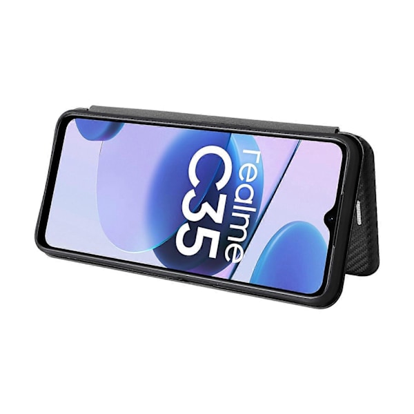 För Realme C35 Kolfibertextur PU Läder Ställ Fodral Magnetiskt Självabsorberande Flip Telefonskal