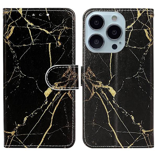 För Iphone 15 Pro Plånboksställ Pu Läder Phone case Mönster Utskrift Anti-dropp cover Black Gold Marble