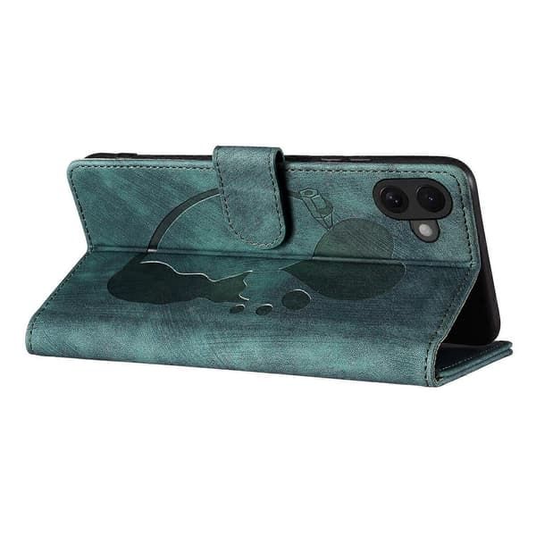 Til iPhone 16 Plus Cover Hjerte Kat Folde Stand PU Læder Telefon Cover- Multicolor Green