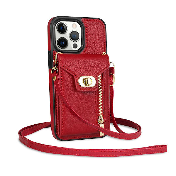 För Iphone 15 Pro Max Zipper Pocket Läderbelagd Tpu Phone case Korthållare Kickstand Cover Red