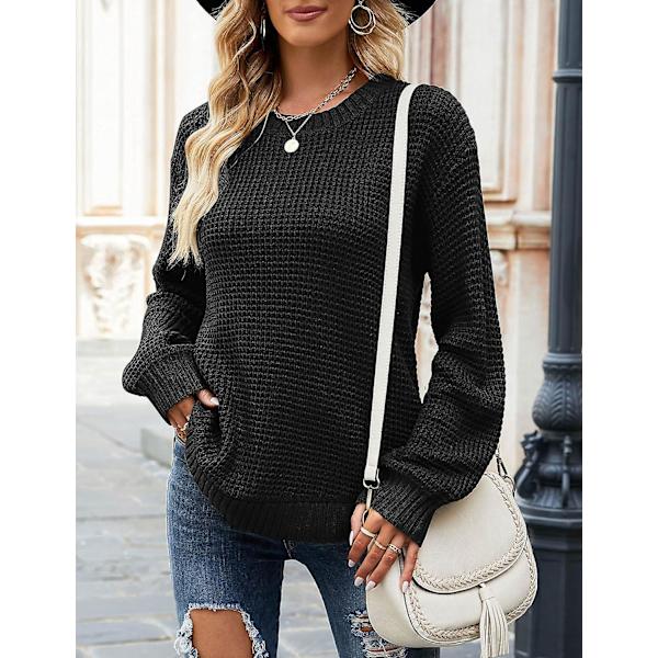 Dam 2023 Höst Casual Höst Våffelstickad tröja Lång ballongärmad lös tröja Black X-Large