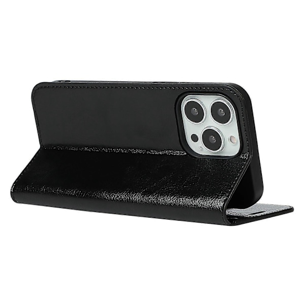 Ægte Læder Folio Flip Wallet Cover med Støttefod til iPhone 13 Pro 6.1 tommer - Sort