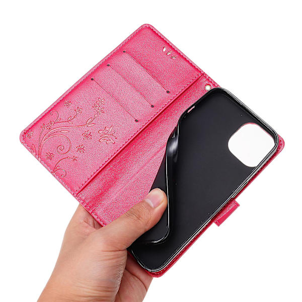 För Iphone 15 Imprinted Butterflies Mobiltelefon Stand Case Pu Läder Plånboksskal med rem Red