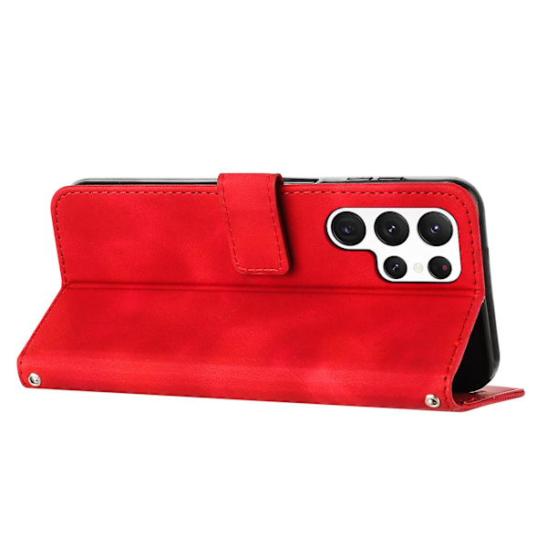 Triangle Imprint Case För Samsung Galaxy S23 Ultra, Flip Stand Cover med rem Red