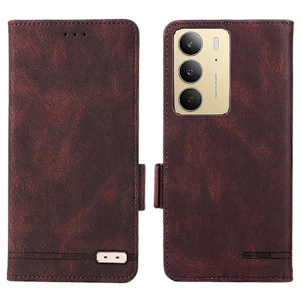 Realme C75 -puhelimen nahkakotelo, lompakkomallinen, läppäkansi ja metallikoriste Multicolor Brown