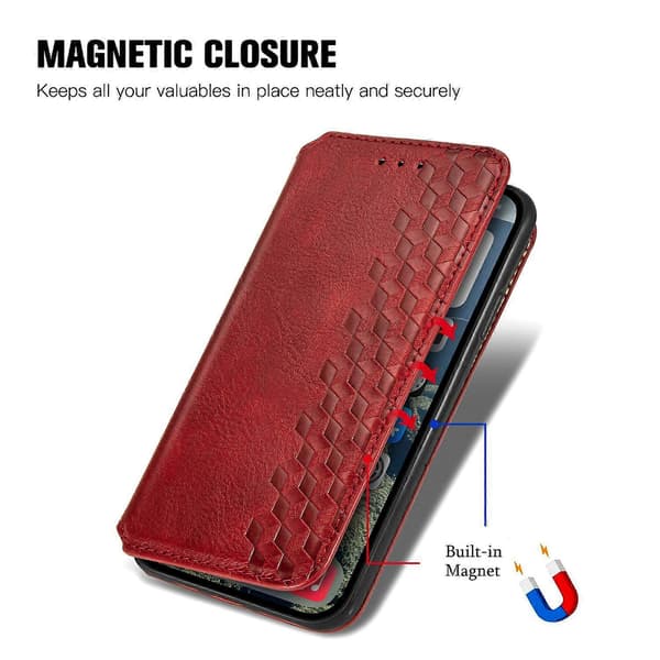 PU læder etui med rombe-præg, pung og stativ til iPhone 16 - Grøn Multicolor Red