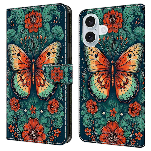 För iPhone 16 Skal Mönstertryckt Skyddande Läder Flip Fodral - Panda Multicolor Flower Butterfly