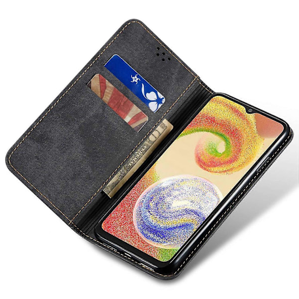 Samsung Galaxy M14 Puhelinkotelo Farkkukangas Tekstuurilla Jalustalla Käännettävä PU Nahkalompakko Multicolor Style A