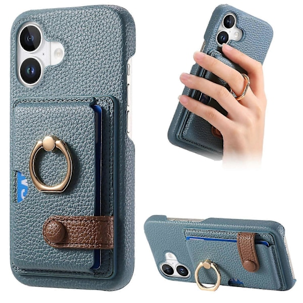 Y2 Fodral till iPhone 16 med Ringhållare, Ställ, Kortfack, Läder Skal - Date Apricot Multicolor Baby Blue