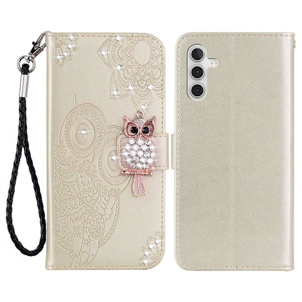 Pung etui til Samsung Galaxy A56 5G Ugle Blomst Præget Rhinestone Læder Cover Multicolor Style D