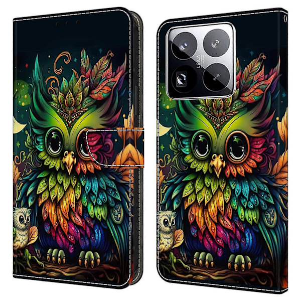 Xiaomi 15 Pro -kotelo korttipaikalla, kuvio painettu TPU+PU-nahkainen läppäpuhelimen suojus Multicolor Colorful Owl