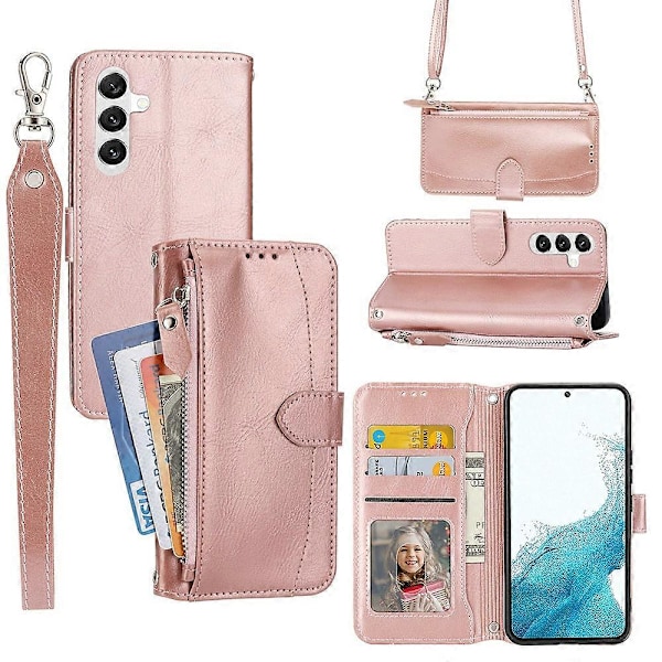 Til Samsung Galaxy S23 FE Etui Lynlås Pung PU Læder Støtteben Mobiltelefon Cover med 2 Stropper Multicolor Style D