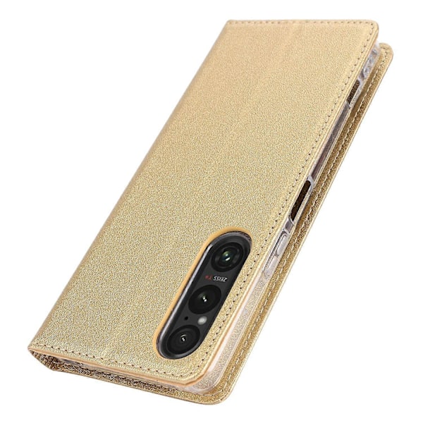 Mobilskal i PU-läder för Sony Xperia 1 V Silkeslen Textur Ställ Plånbok Mobilskal Fodral Multicolor Gold