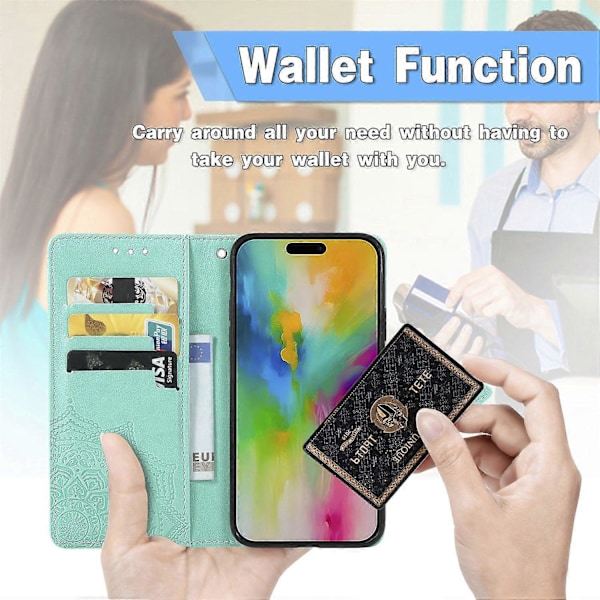 Til iPhone 16 Pro Max Wallet Case Mandala Blomst Læder Telefon Cover Stand View- Multicolor Green