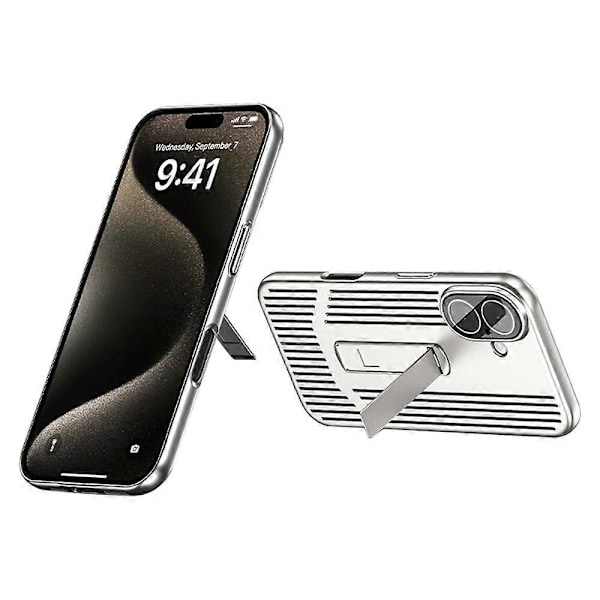 iPhone 16 Plus -kotelo, lämmönpoisto, jalusta, PC-puhelinkuori, sisäänrakennettu lasilinssisuoja Multicolor Silver