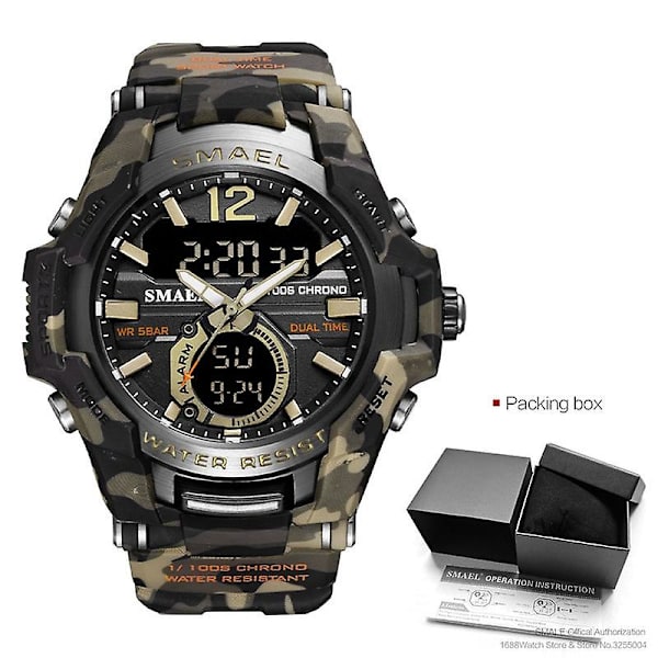 Smael Sport Digitala klockor För Män Army Kamouflage Simning Armbandsur Väckarklocka Kalender Led Bakgrundsbelysning Dual Time Watch 1805 Camo Khaki-Box